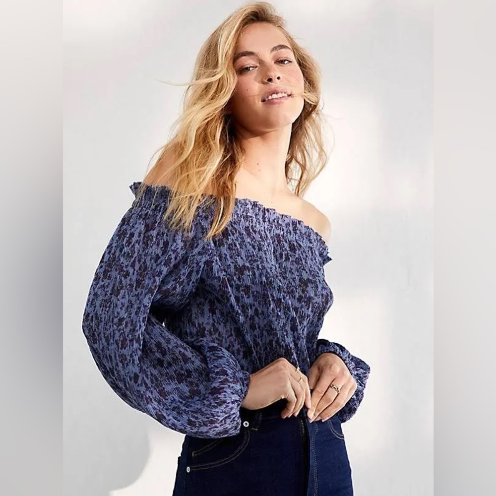 Free People Pretty Petal Blue Off Shoulder Bodysuit Boho Balloon Sleeve M